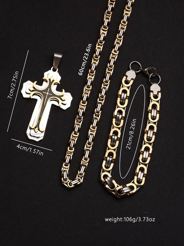 Men's Punk Style Cross Pendant Necklace & Chain Bracelet, Stainless Steel Jewelry Set, Fashion Accessories for Party, Daily Decor for Boy