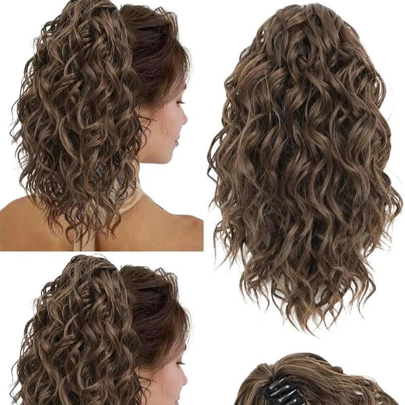 12-Inch Light Brown Curly Hair Ponytail Extension - Claw & Drawstring Synthetic High Ponytail for Women, Soft & Natural Look