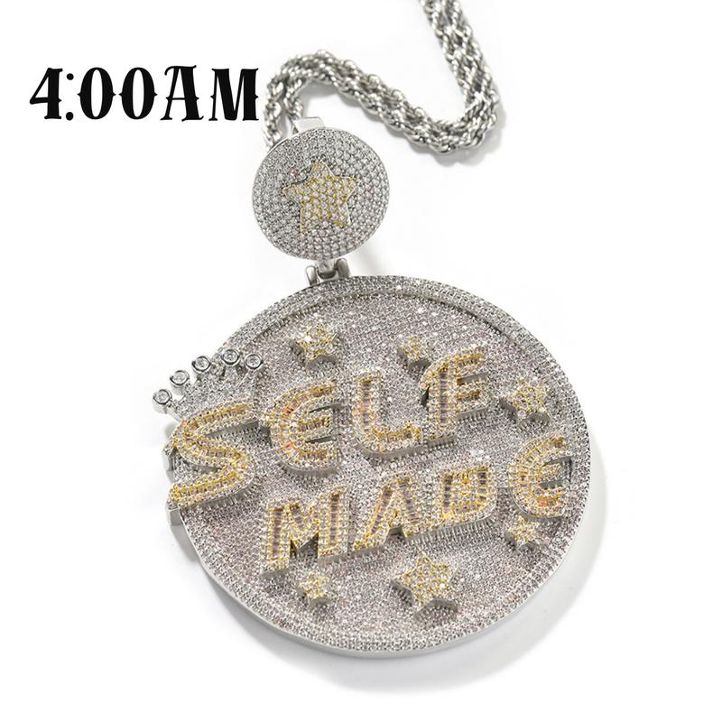 4:00AM SELF-MADE Zirconia Pendant Round Shape Engraved CZ Star Bling Full Paved for DIY Hip Hop Jewelry