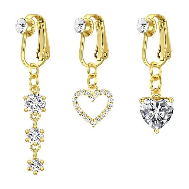 Fake Belly Rings Set Non-Piercing Clip-on Belly Button Rings Stainless Steel Fake Belly Button Ring Fake Earrings Diamond Butterfly Heart