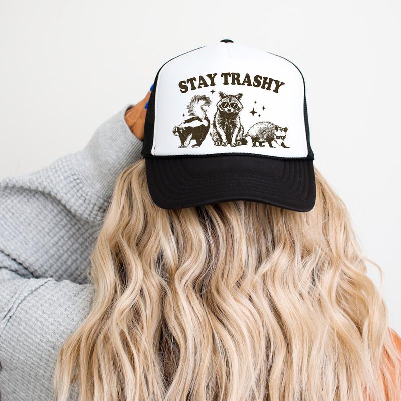 Stay Trashy Trucker Hat for Women and Men -Funny Raccoon Graphic Adjustable Hat - Summer Snapback