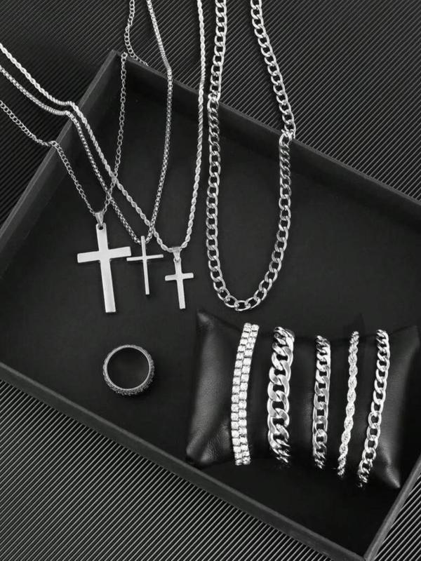 Men's Cross Pendant Necklace & Chain Bracelet & Ring Set, Fashion Jewelry for Party, Daily Clothing Decor, Trendy All-match & Exquisite Jewelry for Gift