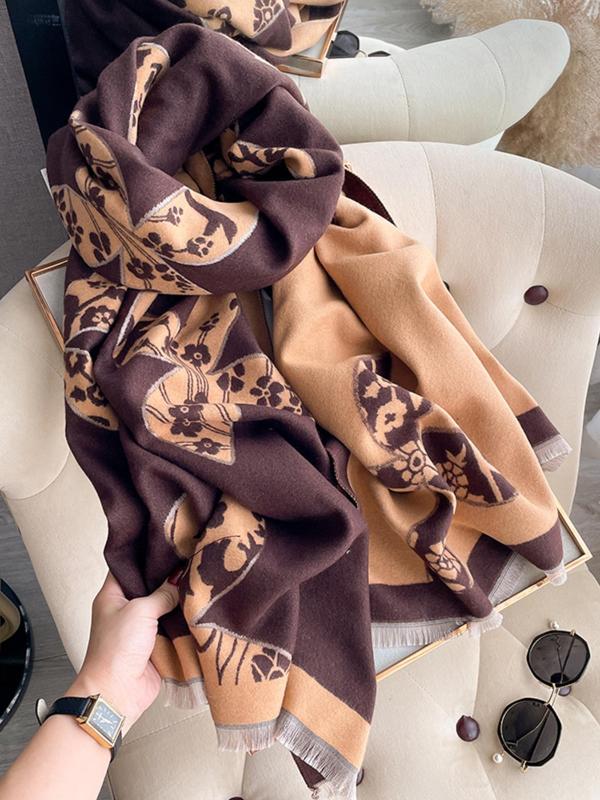 Women's Floral Print Double Sided Pashmina Scarf, Casual Soft Warm Shawl for Fall & Winter, Fashion Accessories for Daily Wear