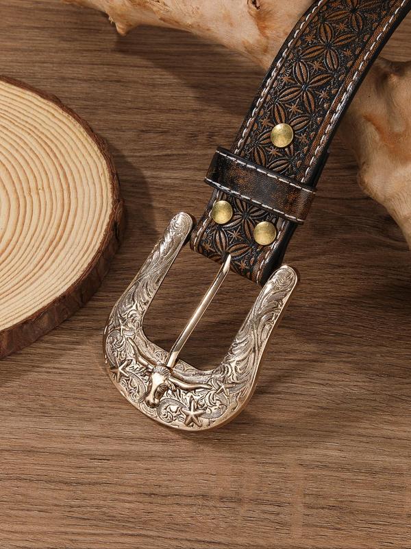 Western Cowboy Style Ethnic Pattern Pu Buckle Belt, Vintage Style Bull Head Design Belt for Women & Men, Fashion Accessories for Party, Daily Clothing Decor