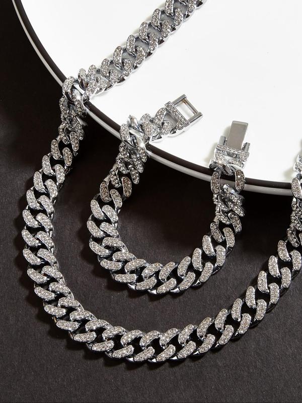 Rhinestone Decorated Cuban Link Chain Necklace Bracelet, 1 Count Fashion Jewelry for Party, Daily Clothing Decor, Trendy All-match & Exquisite Jewelry for Birthday Gift