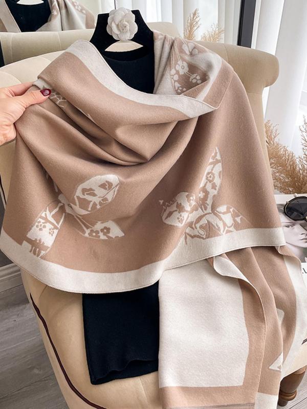 Women's Floral Print Double Sided Pashmina Scarf, Casual Soft Warm Shawl for Fall & Winter, Fashion Accessories for Daily Wear