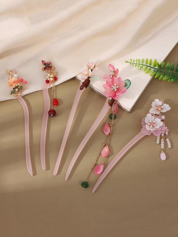 Chinese Style Hair Pin, Faux Pearl & Flower & Tassel Decor Hair Pin, Elegant Hair Accessories for Women & Girls