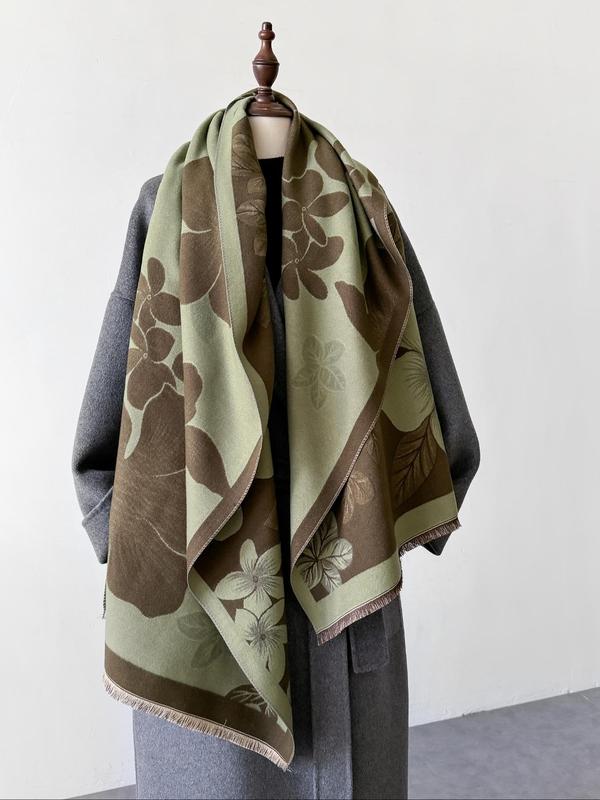Floral Pattern Fringe Trim Design Scarf, Casual Soft Warm Shawl for Fall & Winter, Fashion Accessories for Women & Men