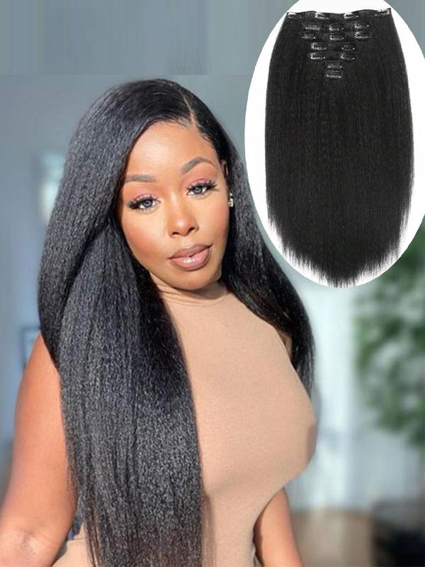 Kinky Straight Clip in Hair Extensions, Black Gorgeous Fluffy Hair Extensions, Synthetic Hair Extensions for Party & Daily Use