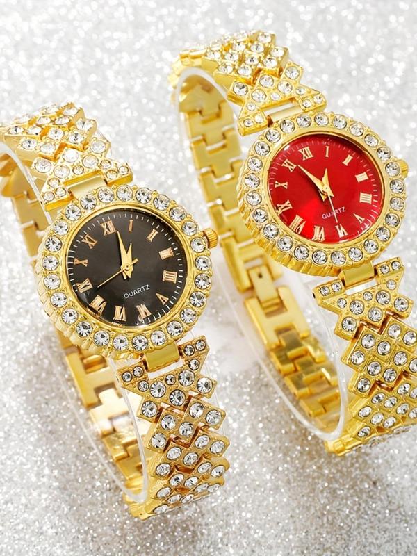 Women's Elegant Rhinestone Decorated Quartz Watch Set, Fashionable Round Dial Analog Watch for Women & Girls, Trendy All-match Watch for Birthday Gift