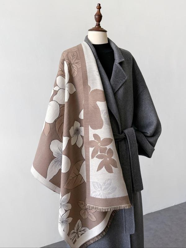 Floral Pattern Fringe Trim Design Scarf, Casual Soft Warm Shawl for Fall & Winter, Fashion Accessories for Women & Men