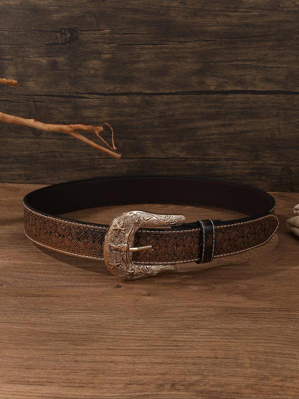 Western Cowboy Style Ethnic Pattern Pu Buckle Belt, Vintage Style Bull Head Design Belt for Women & Men, Fashion Accessories for Party, Daily Clothing Decor