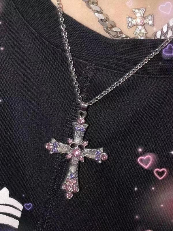 Easter Rhinestone Cross Pendant Necklace for Women & Girls,  Fashion Y2k Necklace Jewelry for Party, Daily Clothing Decor, Trendy All-match & Exquisite Jewelry for Birthday Gift