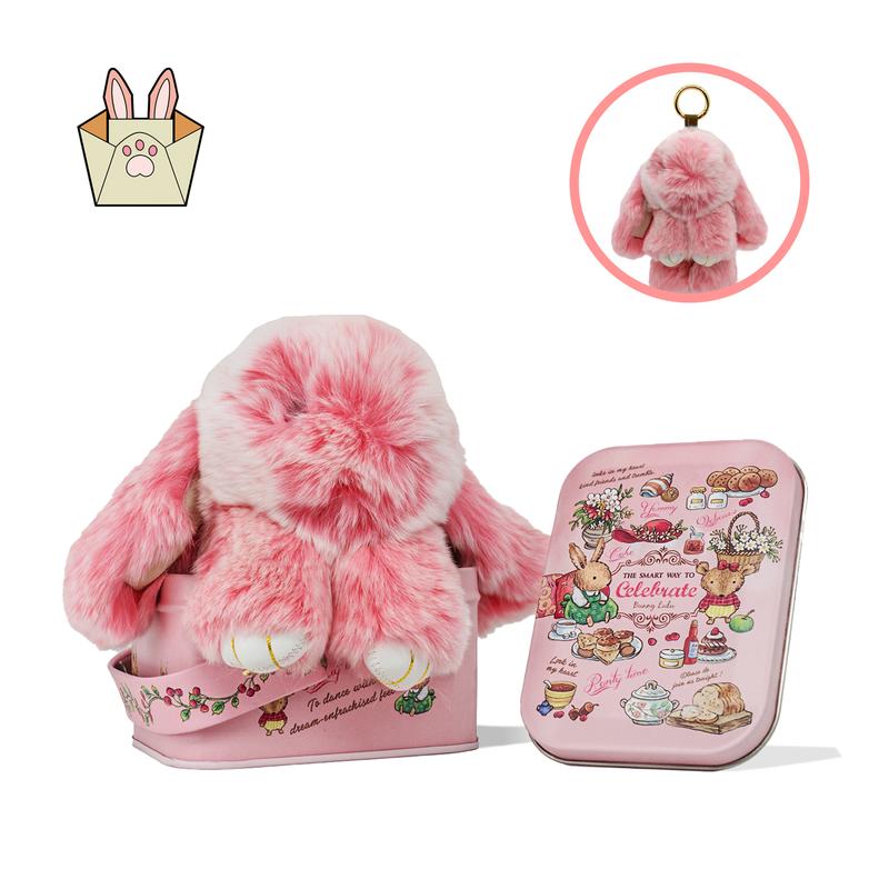 Handmade Soft Bunny PomPom Keychain with Tin Box, Cute Charms for Phone Bag Car, Fashion Accessories, Plush Pendants, Gifts for Women Girls