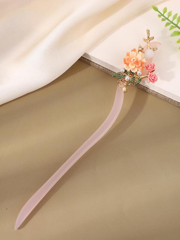 Chinese Style Hair Pin, Faux Pearl & Flower & Tassel Decor Hair Pin, Elegant Hair Accessories for Women & Girls