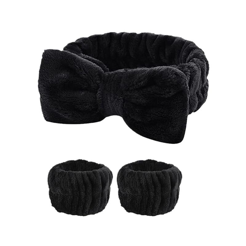 Spa Headband and Wristband Set for Women, Fluffy Bow Tie Microfiber Face Headband and Wrist Spa Absorbent Wristbands for Washing Face Skin Care