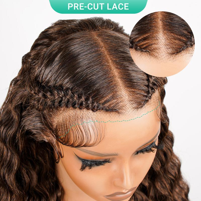 Chocolate Brown Deep Wave Human Hair Lace Frontal Wig Glueless Pre-Styled 13x4 Frontal Wig