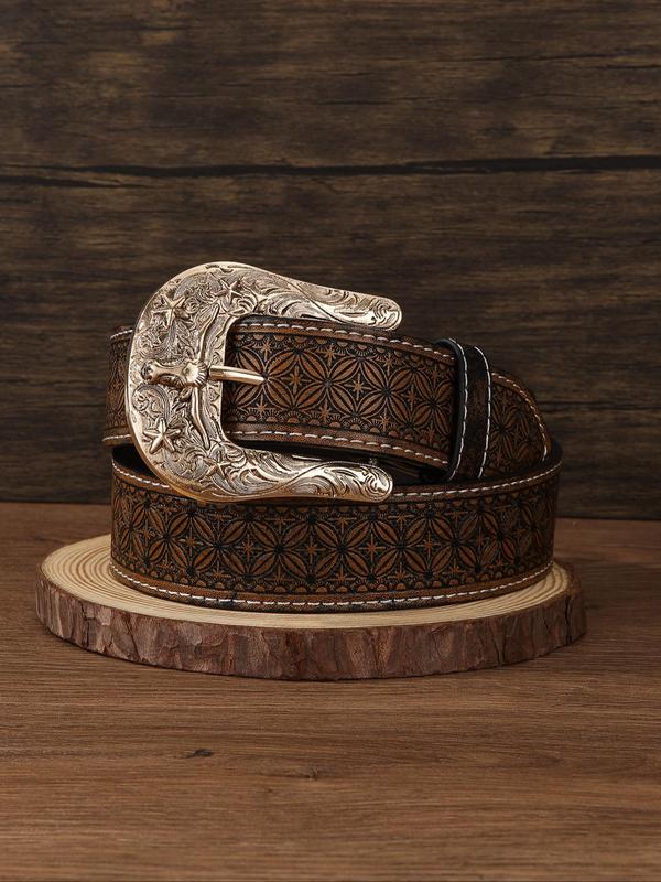 Western Cowboy Style Ethnic Pattern Pu Buckle Belt, Vintage Style Bull Head Design Belt for Women & Men, Fashion Accessories for Party, Daily Clothing Decor