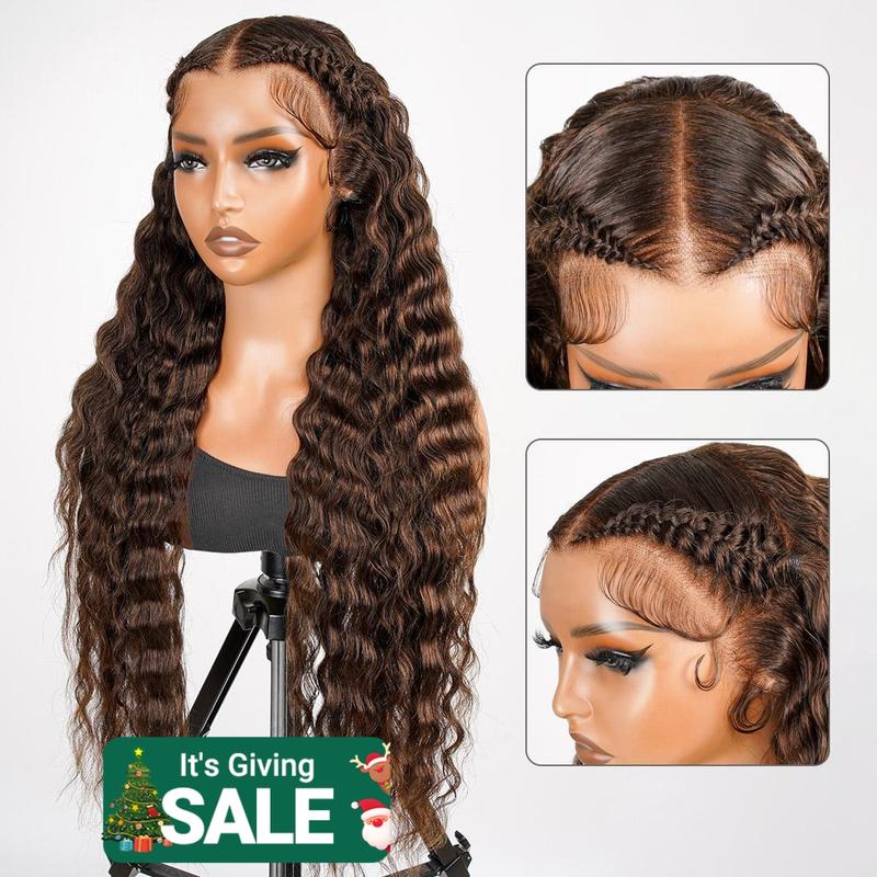 Chocolate Brown Deep Wave Human Hair Lace Frontal Wig Glueless Pre-Styled 13x4 Frontal Wig