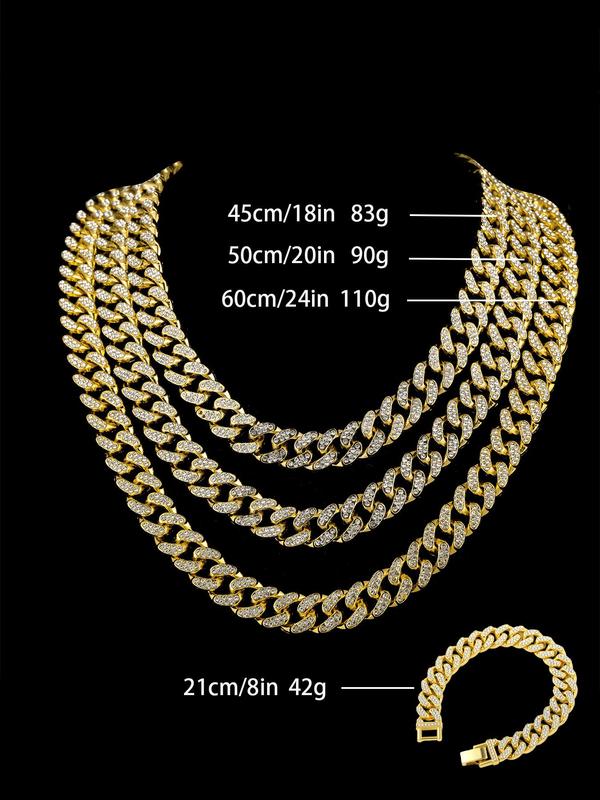 Rhinestone Decorated Cuban Link Chain Necklace Bracelet, 1 Count Fashion Jewelry for Party, Daily Clothing Decor, Trendy All-match & Exquisite Jewelry for Birthday Gift