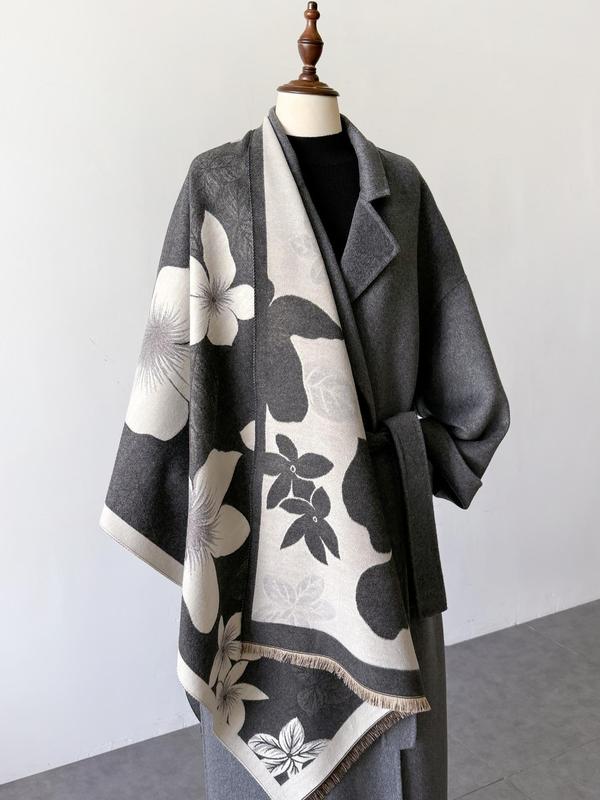 Floral Pattern Fringe Trim Design Scarf, Casual Soft Warm Shawl for Fall & Winter, Fashion Accessories for Women & Men
