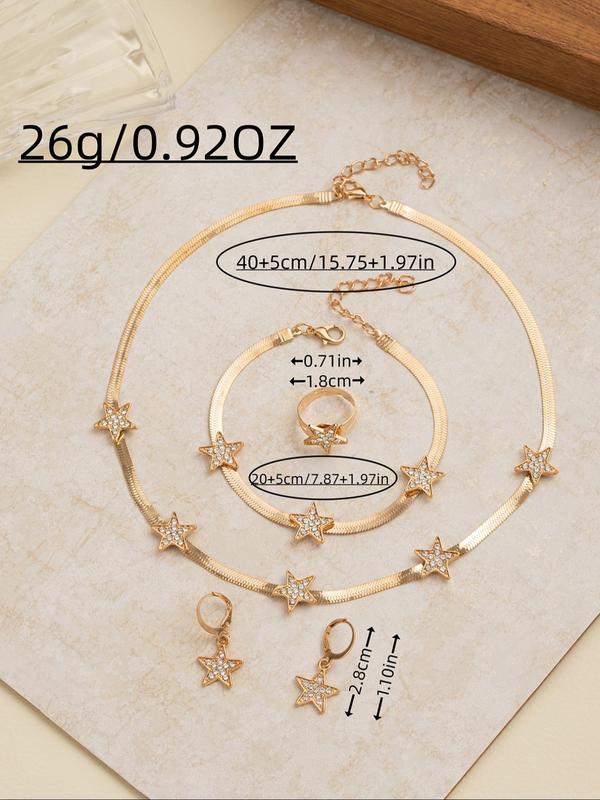 Women's Elegant Rhinestone Decor Star   Flower Design Necklace & Bracelet & Ring & Earrings, Exquisite Trendy Jewelry Set, Fashionable Accessories for Party & Daily  Decor