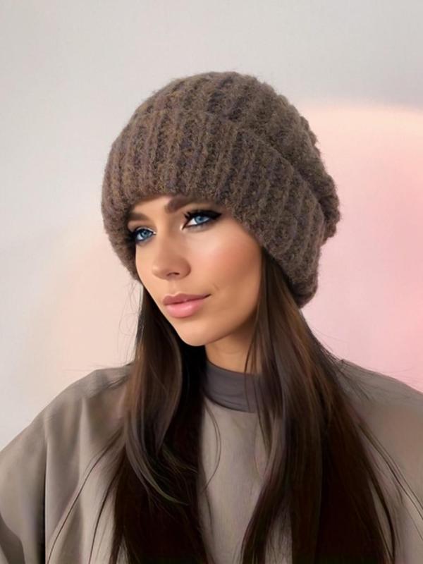 Women's Casual Solid Color Beanie Hat, Fashion Knitting Hat for Fall & Winter, Matching Warm Hat for Women & Girls