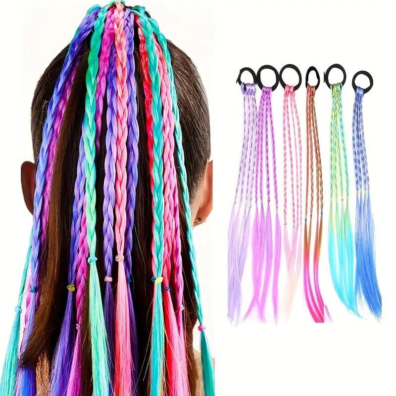 Colorful Braided Hair Ties, 6 Counts set Hair Extensions with Rubber Band, Heatless Styling Tools for Women & Girls, Hair Decoration Hair Rope, Christmas Gift