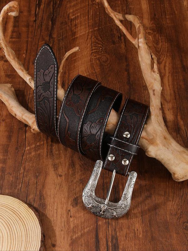 Western Cowboy Style Ethnic Pattern Pu Buckle Belt, Vintage Style Bull Head Design Belt for Women & Men, Fashion Accessories for Party, Daily Clothing Decor