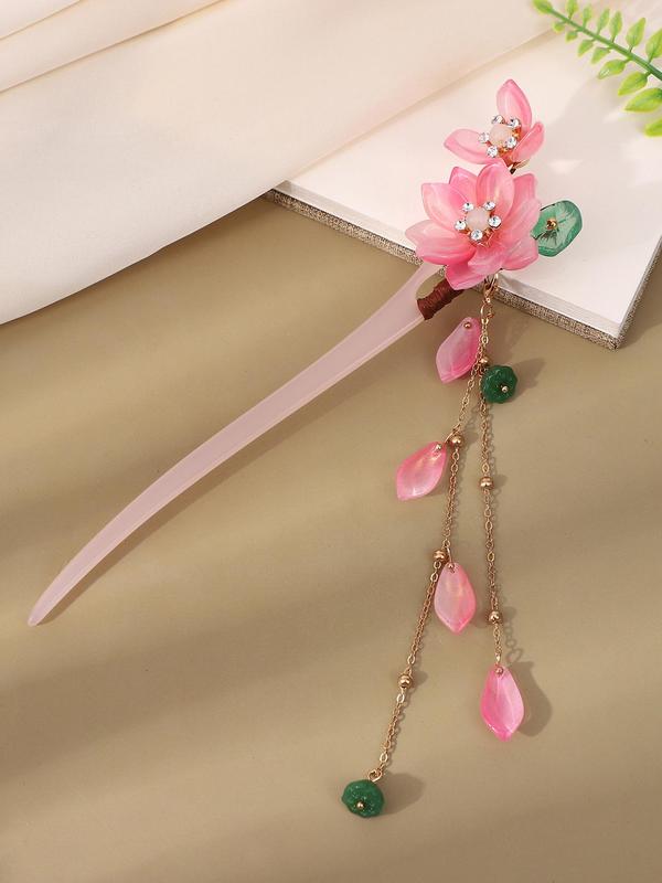 Chinese Style Hair Pin, Faux Pearl & Flower & Tassel Decor Hair Pin, Elegant Hair Accessories for Women & Girls