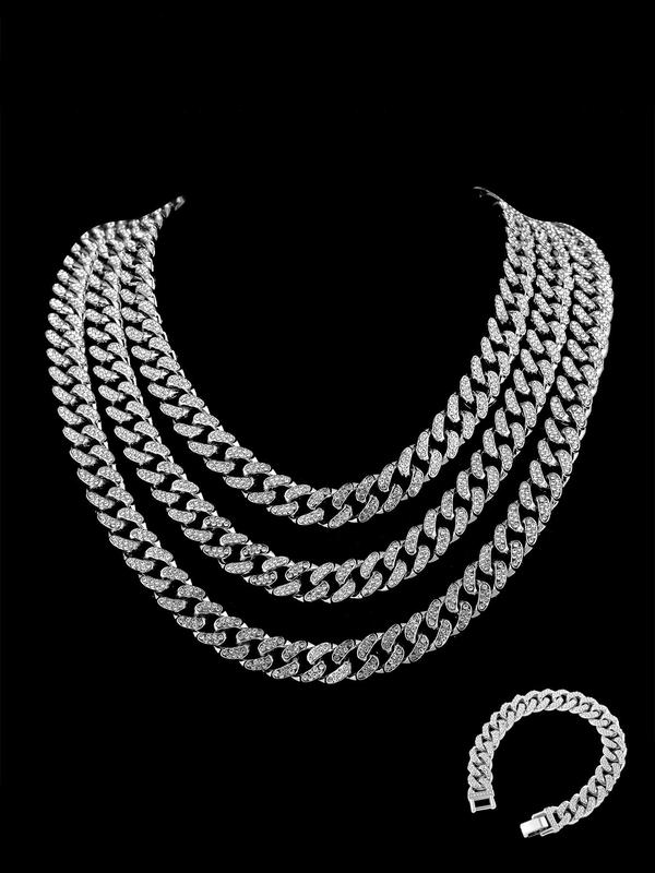 Rhinestone Decorated Cuban Link Chain Necklace Bracelet, 1 Count Fashion Jewelry for Party, Daily Clothing Decor, Trendy All-match & Exquisite Jewelry for Birthday Gift