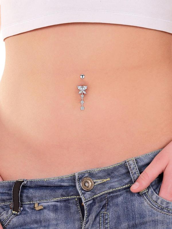 4pcs Unisex Elegant Trendy Rhinestones Decorated Piercing Stainless Steel Body Jewelry, Exquisite Belly Button Ring, Fashionable Body Jewelry for Women & Men