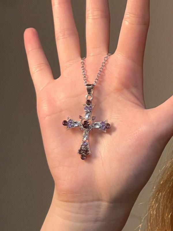 Easter Rhinestone Cross Pendant Necklace for Women & Girls,  Fashion Y2k Necklace Jewelry for Party, Daily Clothing Decor, Trendy All-match & Exquisite Jewelry for Birthday Gift