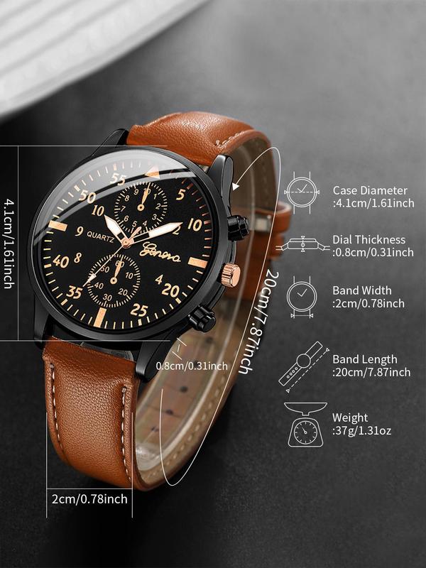 5pcs set Men's Business Round Dial Analog Quartz Watch & PU Leather Braided Beaded Bracelet Without Box, Fashioned Trendy Style Wristwatch Set For Men, Gift For Boys