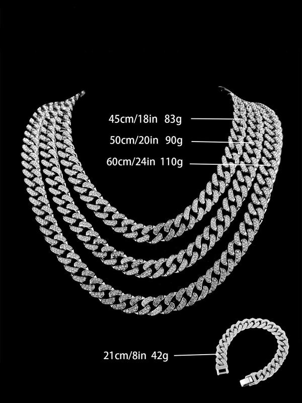 Rhinestone Decorated Cuban Link Chain Necklace Bracelet, 1 Count Fashion Jewelry for Party, Daily Clothing Decor, Trendy All-match & Exquisite Jewelry for Birthday Gift