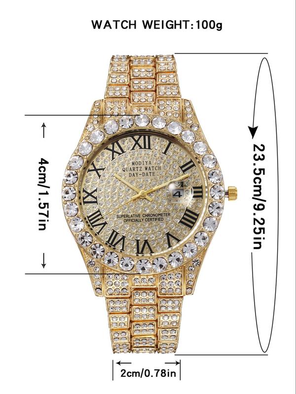 Men's Business Rhinestones Roman Scale Watch, Fashion Watch with Day Date, Daily Clothing Decor, Trendy All-match & Exquisite Watch for Birthday Gift with Box