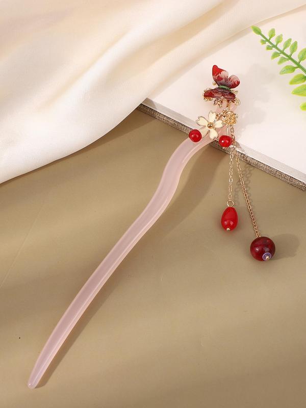 Chinese Style Hair Pin, Faux Pearl & Flower & Tassel Decor Hair Pin, Elegant Hair Accessories for Women & Girls