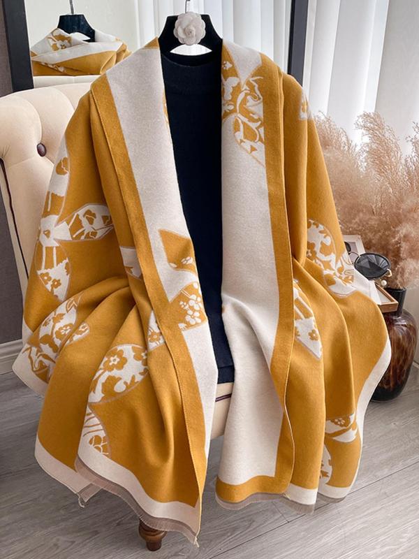 Women's Floral Print Double Sided Pashmina Scarf, Casual Soft Warm Shawl for Fall & Winter, Fashion Accessories for Daily Wear