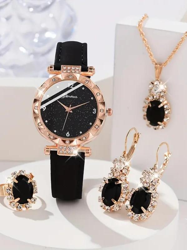 Women's Elegant Rhinestone Decorated Quartz Watch & Jewelry Set, Including Round Dial Watch & Pendant Necklace & Ring & Earrings, Fashion Watch Set for Women As Gift