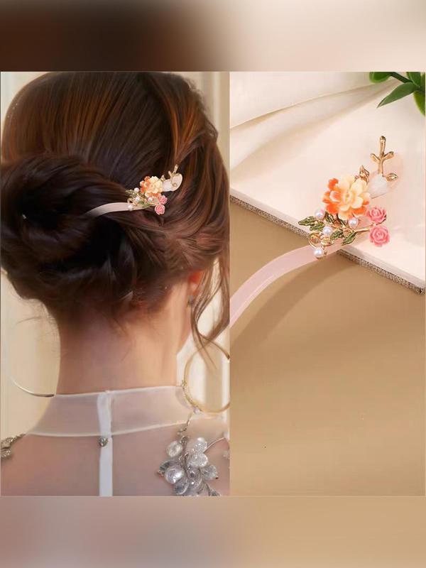 Chinese Style Hair Pin, Faux Pearl & Flower & Tassel Decor Hair Pin, Elegant Hair Accessories for Women & Girls