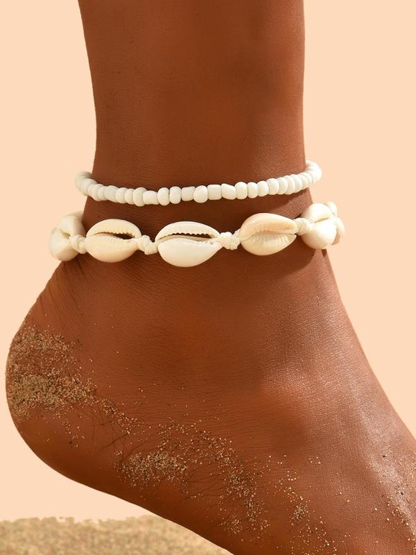 2pcs Trendy Boho Women's Anklets, Seashell Braided Knotted and Beaded Embellished Anklets for Beach Travel Accessories