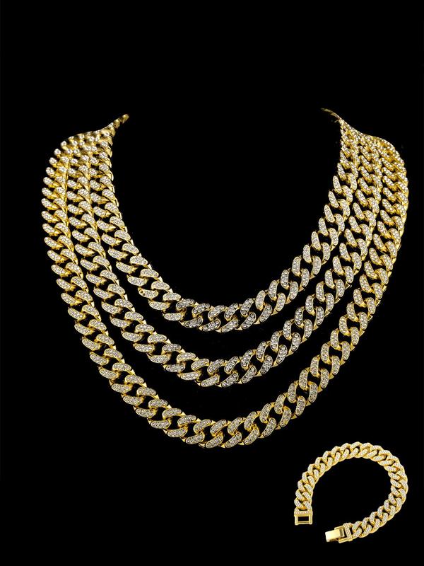 Rhinestone Decorated Cuban Link Chain Necklace Bracelet, 1 Count Fashion Jewelry for Party, Daily Clothing Decor, Trendy All-match & Exquisite Jewelry for Birthday Gift