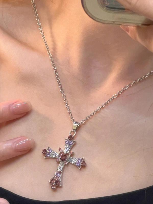 Easter Rhinestone Cross Pendant Necklace for Women & Girls,  Fashion Y2k Necklace Jewelry for Party, Daily Clothing Decor, Trendy All-match & Exquisite Jewelry for Birthday Gift