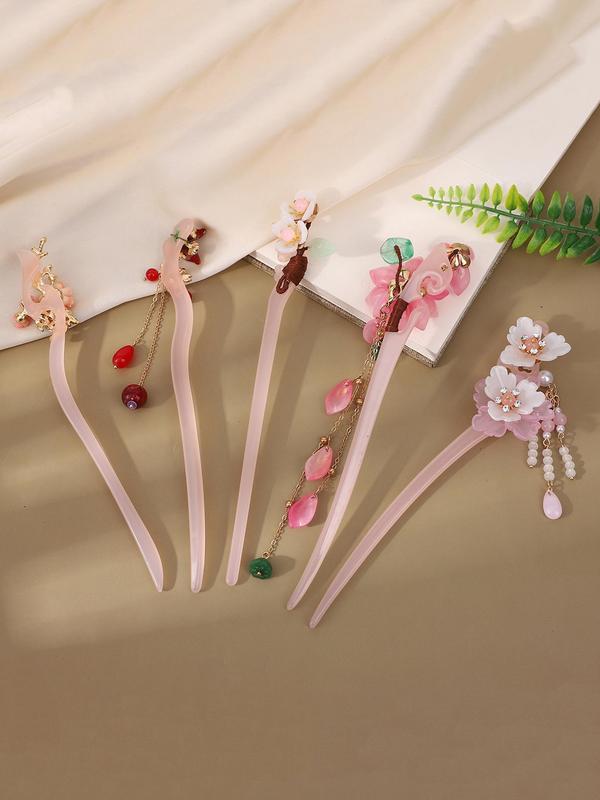 Chinese Style Hair Pin, Faux Pearl & Flower & Tassel Decor Hair Pin, Elegant Hair Accessories for Women & Girls