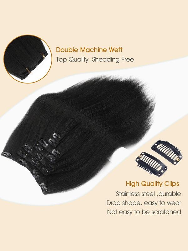 Kinky Straight Clip in Hair Extensions, Black Gorgeous Fluffy Hair Extensions, Synthetic Hair Extensions for Party & Daily Use