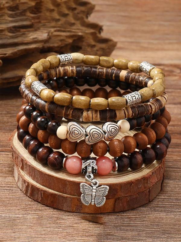 Boho Style Beaded Bracelet Set, with Butterfly & Heart & Flower & Tree Charm Decor, Fashionable Jewelry for Women & Men, Trendy All-match & Exquisite Jewelry for Gift