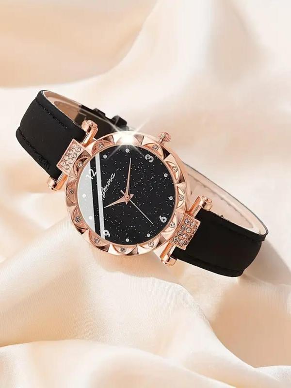 Women's Elegant Rhinestone Decorated Quartz Watch & Jewelry Set, Including Round Dial Watch & Pendant Necklace & Ring & Earrings, Fashion Watch Set for Women As Gift